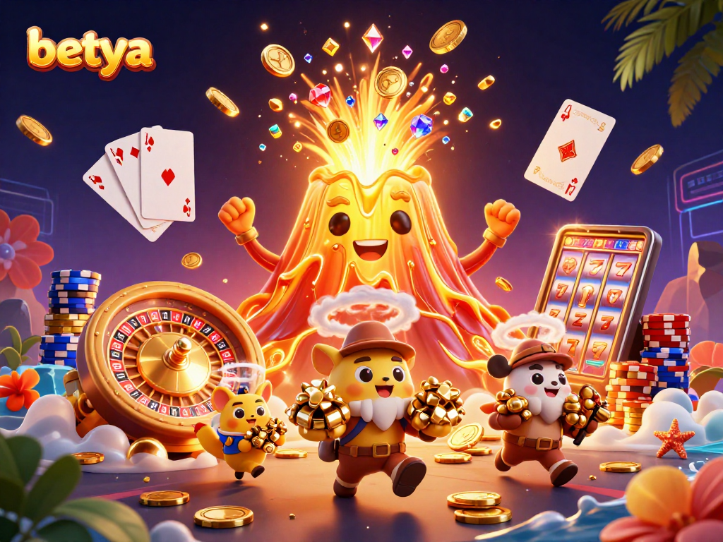 Experience the thrill of betting with betya in this dynamic casino scene featuring a golden volcano.