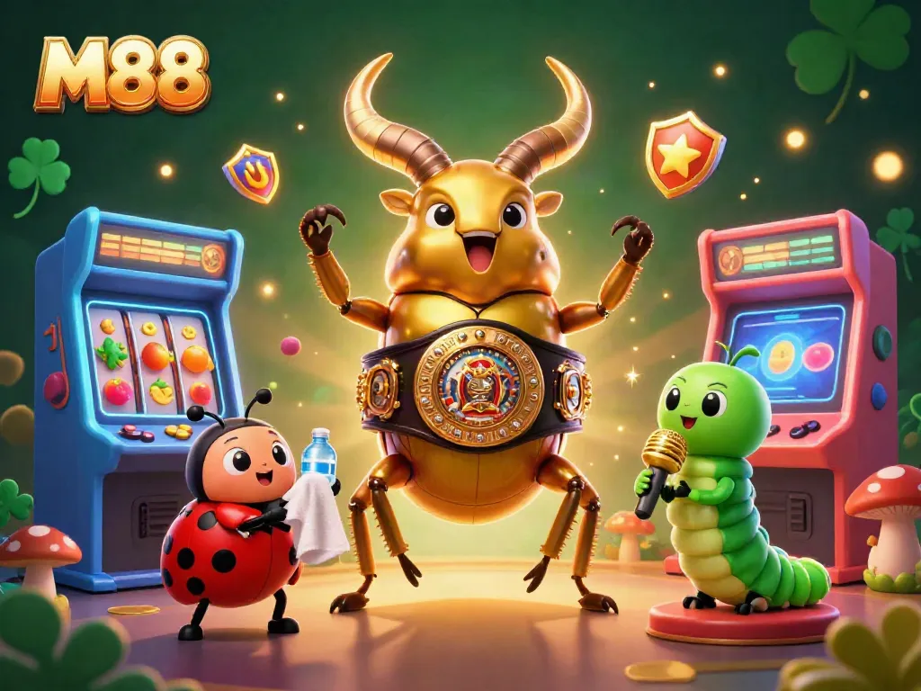 Engage with M88 in this vibrant 3D casino scene showcasing a dynamic beetle boxing match amidst casino game elements.