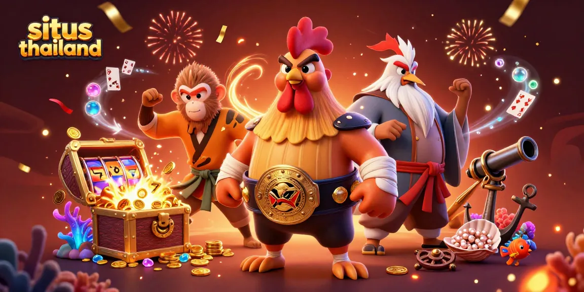 Spin the reels at situs thailand with a dynamic illustration of a Muay Thai rooster, Shaolin monkey, and crane master!
