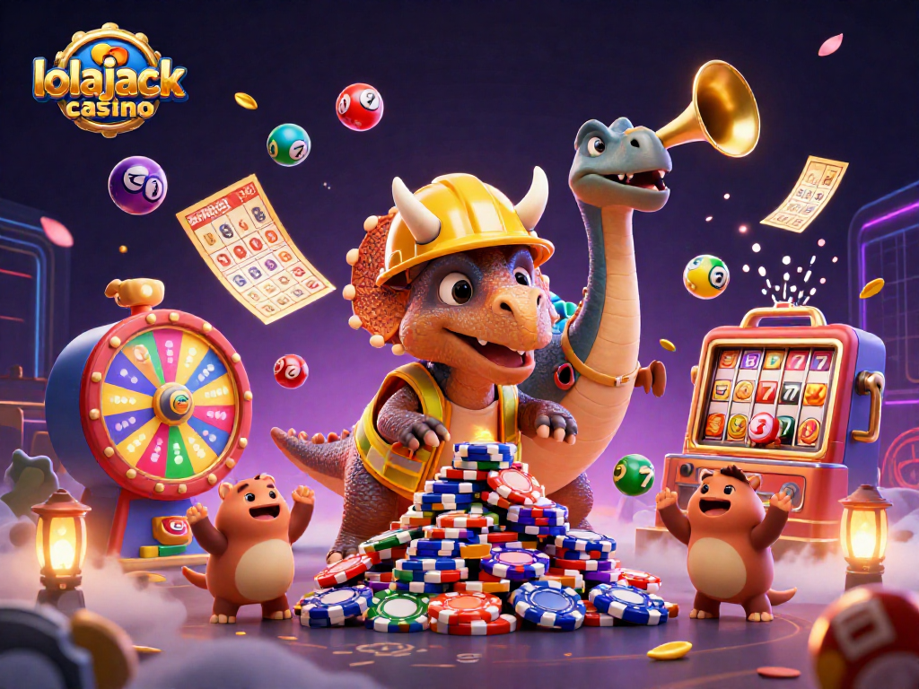 Experience thrill at lolajack casino with a 3D illustration of lively characters building excitement and various gaming elements.