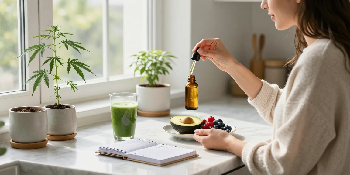 Muha Meds CBD oil being administered during a morning wellness routine in a bright kitchen.