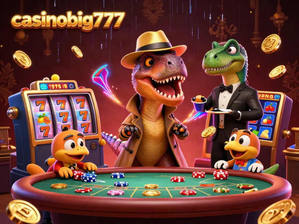 Experience winning strategies with casinobig777 as a velociraptor card counter and stegosaurus pit boss interact in a lively casino scene.