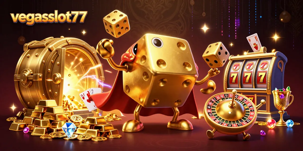 Experience the thrill of vegasslot77 with a vibrant casino illustration showcasing golden dice and sparkling gems.