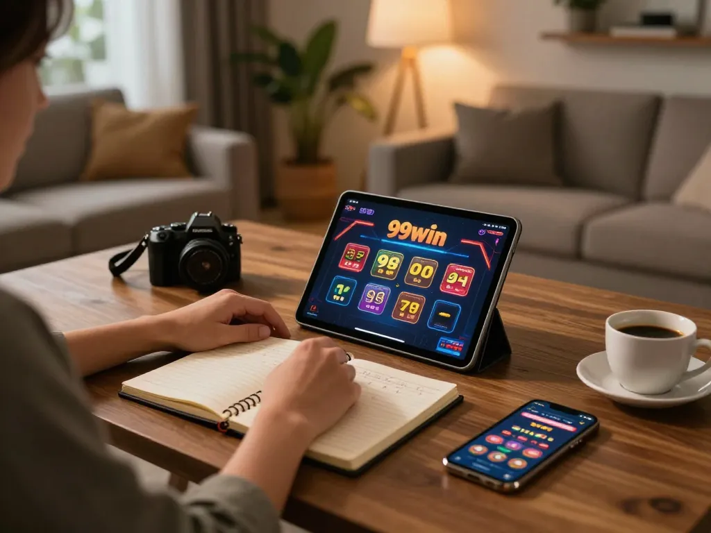 Engaged player enjoying 99win online casino game on tablet in cozy living room setting.