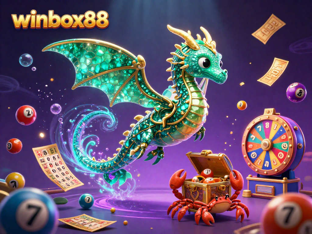 Immerse in winbox88, featuring a vibrant casino scene with sea dragon, crabs, and lottery elements.