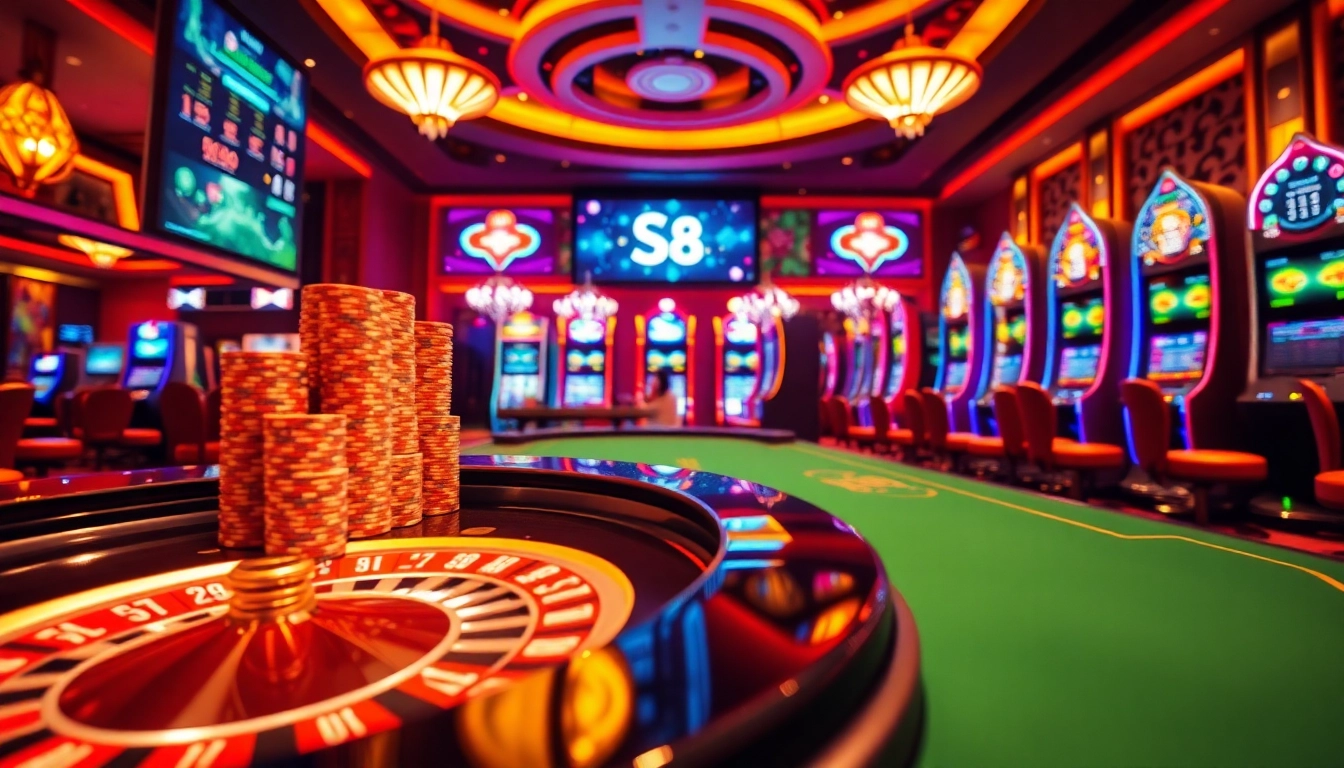 S8 casino scene with roulette table, poker chips, and vibrant slot machines highlighting luxury gambling experience.
