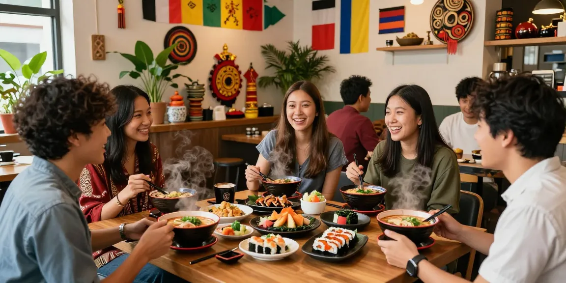 Engaging cultural discussion at a café about Asian cuisine and pop culture, inspired by https://hanadultalk.com, with diverse participants.