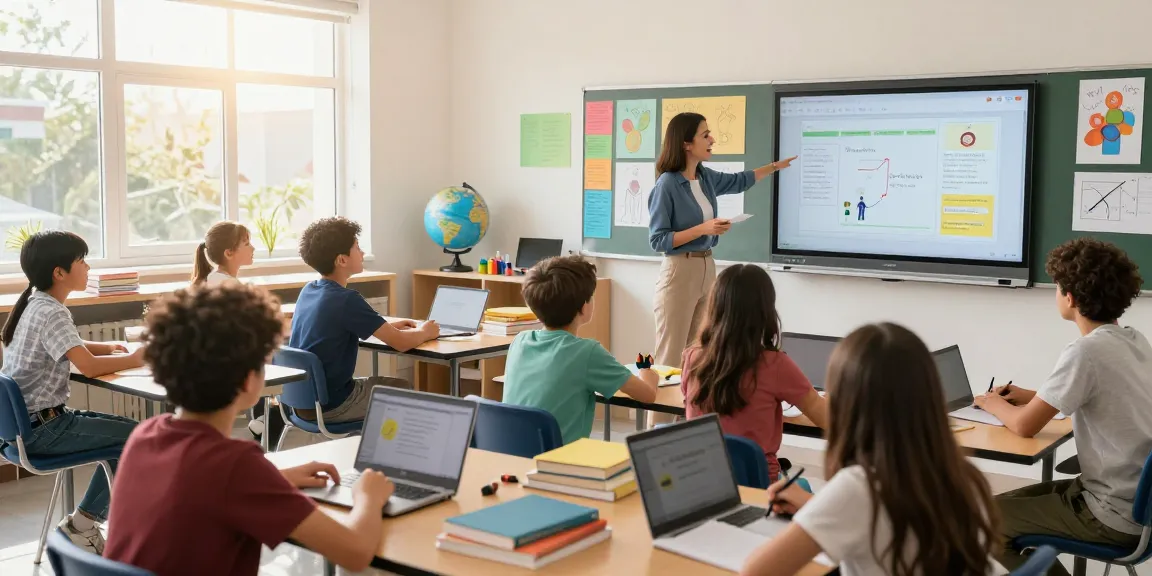 Dynamic classroom scene showcasing EMStudio, an online teacher planner for efficient lesson planning and classroom management.