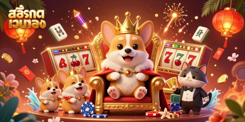 Experience สล็อตเว็บตรง excitement with a royal corgi and animated slot reels in a vibrant casino scene.