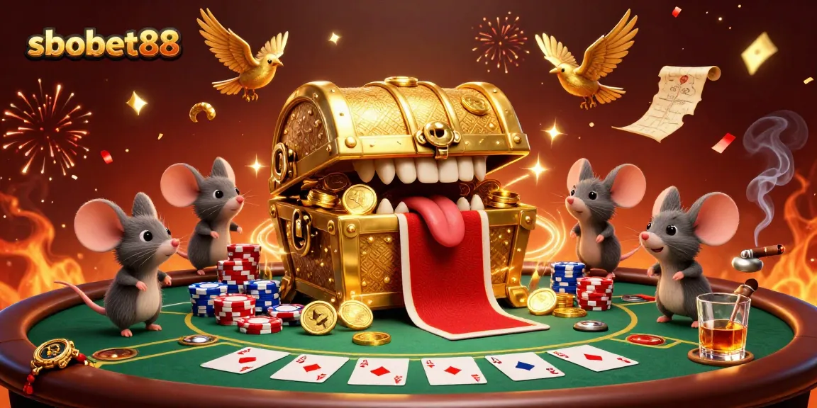 sbobet88 features an exciting poker scene with a treasure chest and celebratory effects