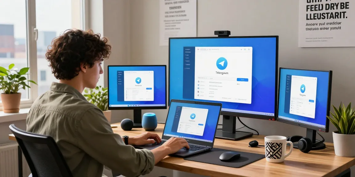 Dynamic workspace showcasing a professional using Telegram Download on multiple devices, emphasizing tech efficiency and connectivity.