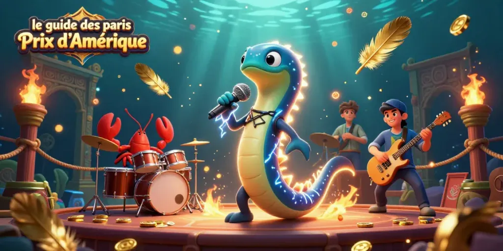 Join the excitement of le guide des paris Prix d'Amérique with vibrant characters and casino elements.