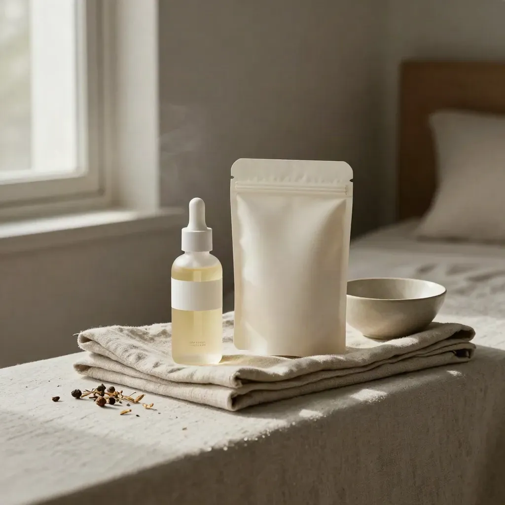 Sleep CBD oil, gummies, linen and herbs staged on a bedside ledge at night