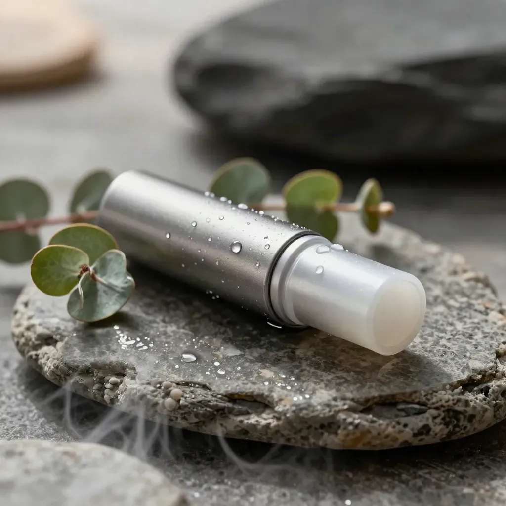 Chilled CBD roll-on tube on pebble stone with eucalyptus and condensation beads.