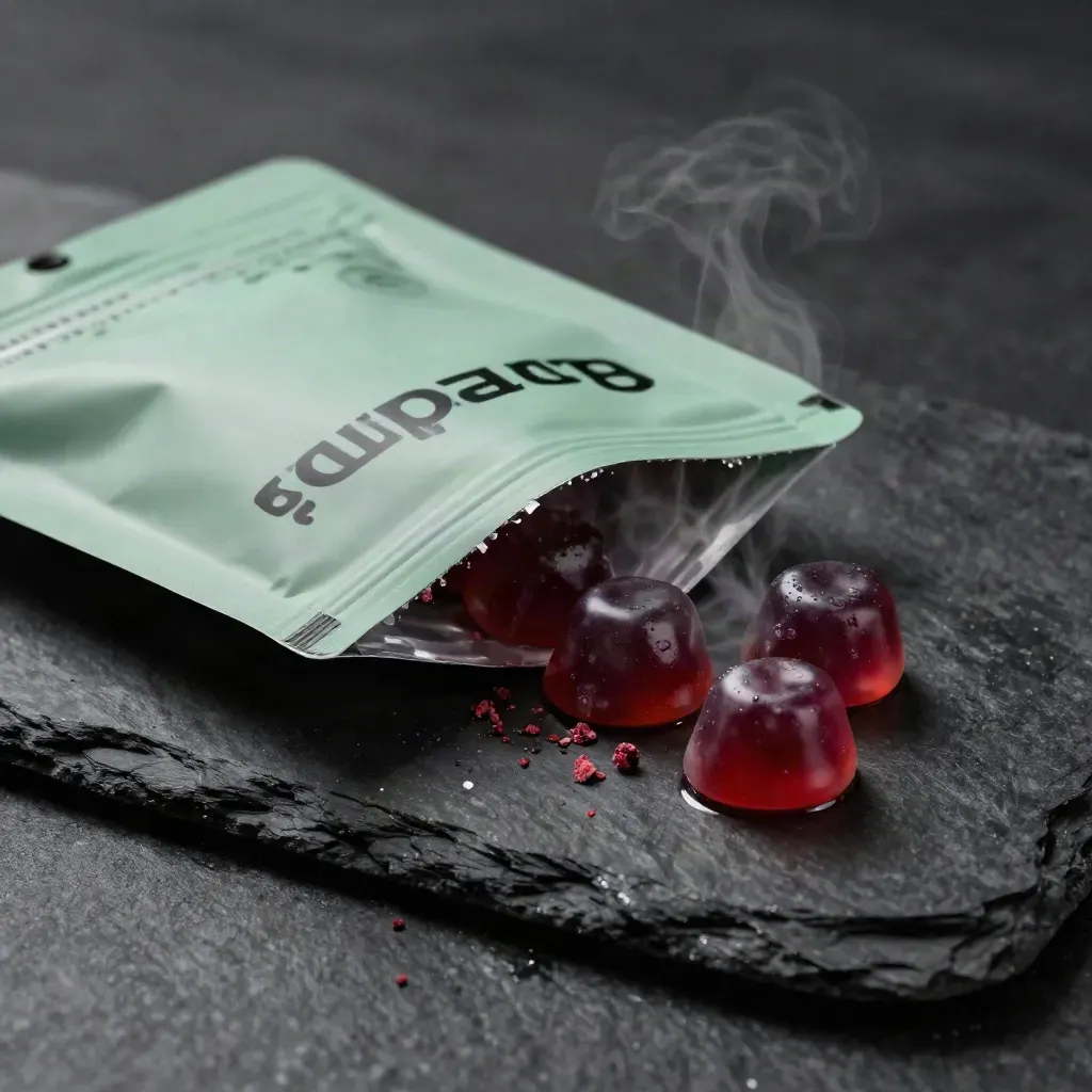 Berry CBD gummies pouch tipped on wet slate with three gummies, crumbs, and sage haze