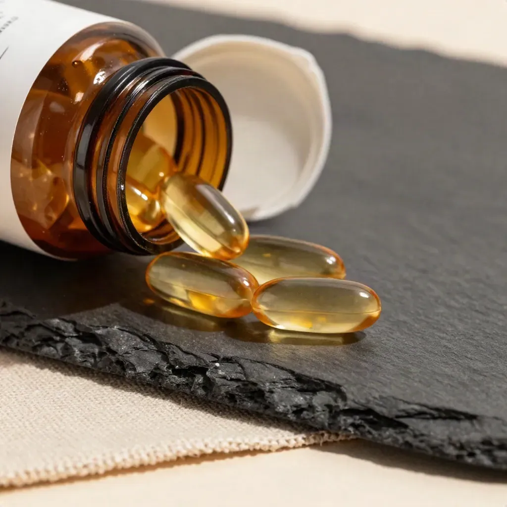 Amber bottle and glossy golden softgels on slate with a linen fold