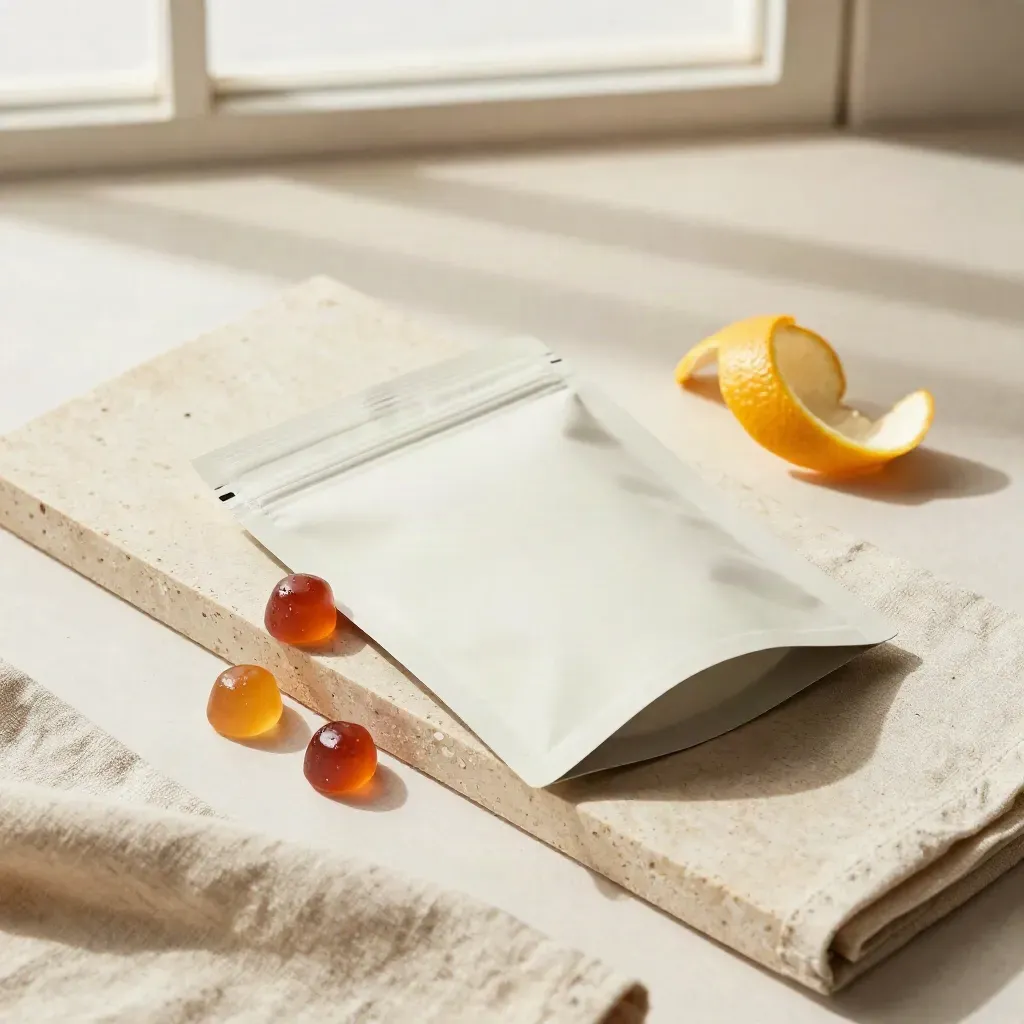 Flatlay of CBD gummies pouch with berry gummies, citrus peel and linen on cream stone.