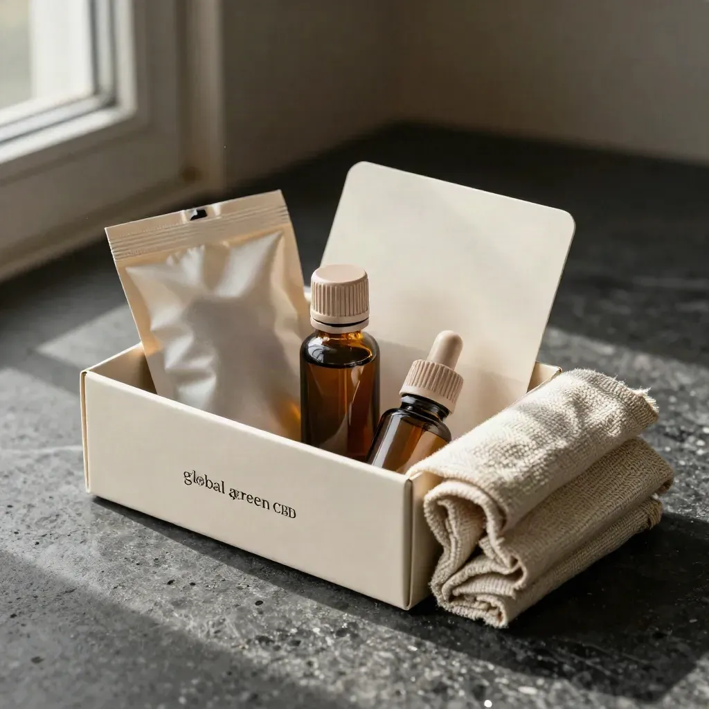 CBD starter kit products clustered on charcoal stone with hemp cloth and soft window light