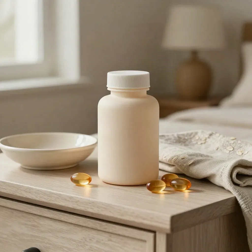 Night softgels bottle with linen, three capsules, and a ceramic bedside dish