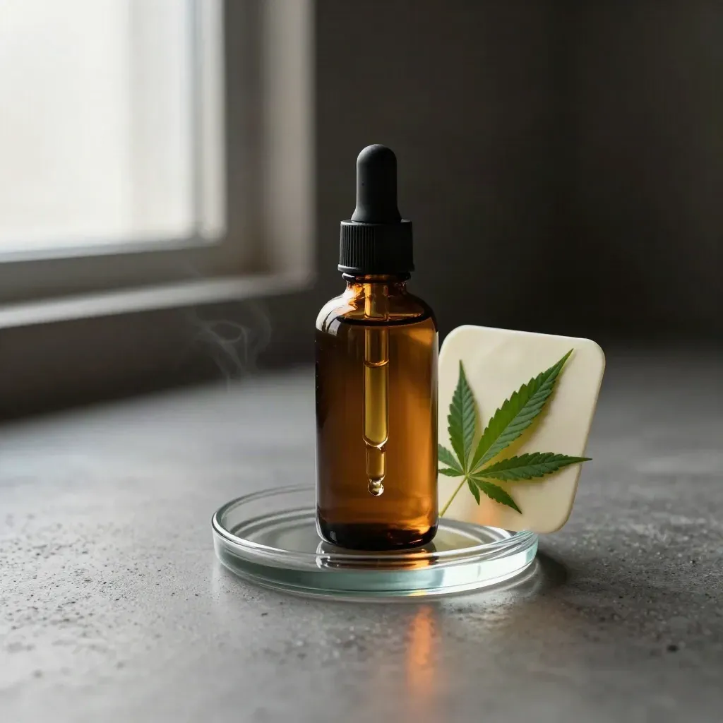 Amber tincture bottle with dropper, hemp leaf and glass dish on brushed concrete.