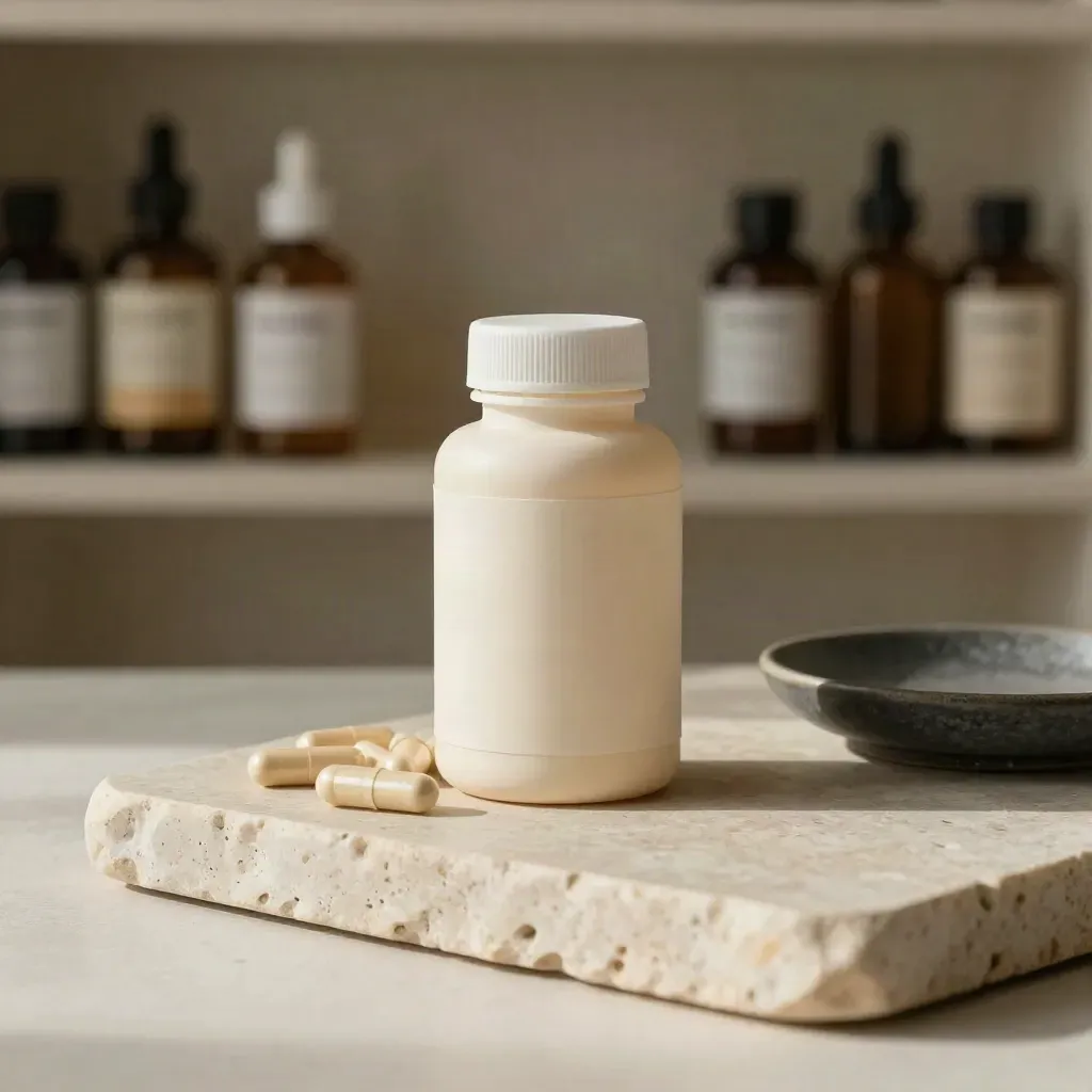 CBD capsule bottle on limestone plinth with a crescent of capsules in a soft apothecary setting