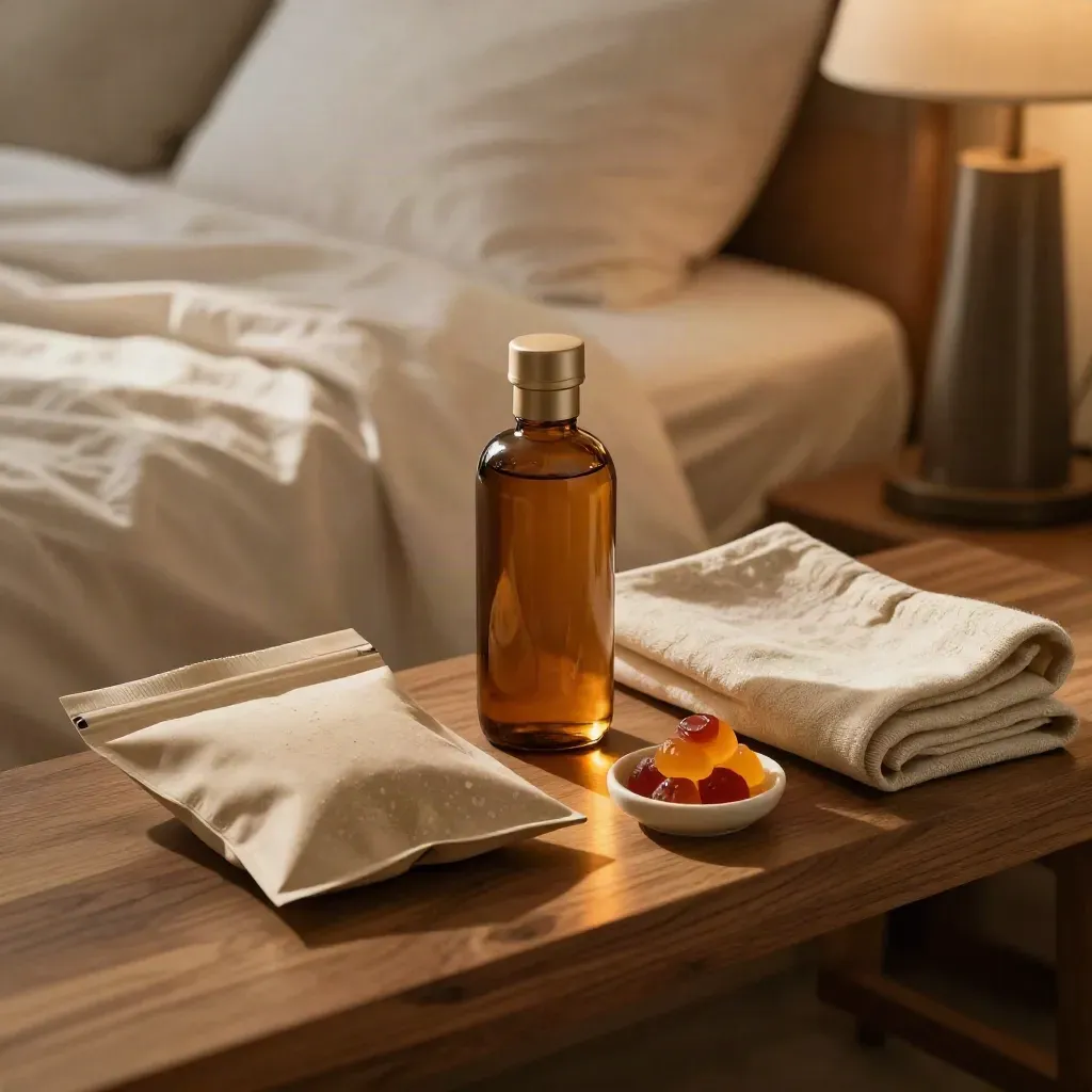 CBD oil, gummies, linen and bedside light on a cream-toned night bench.
