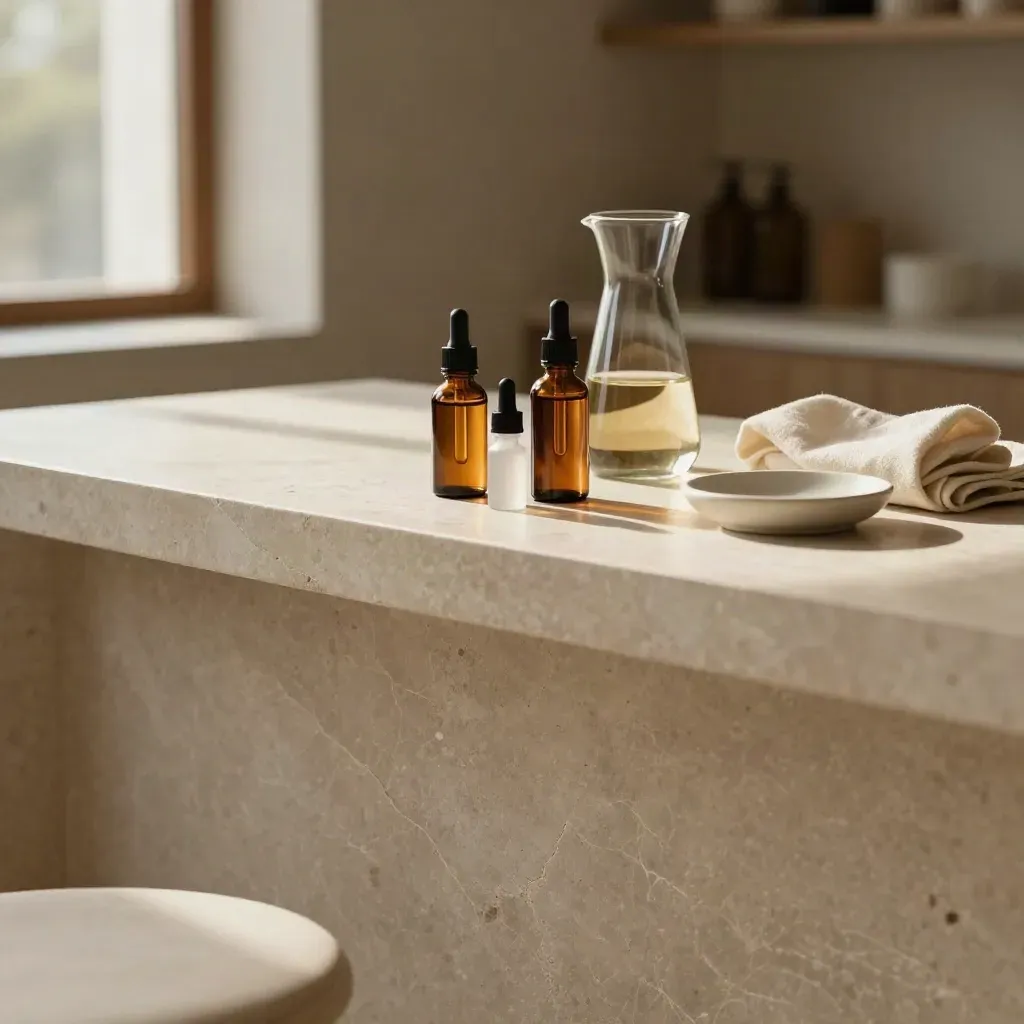 Amber CBD oil tincture bottles and a glass carafe on a sunlit limestone counter.