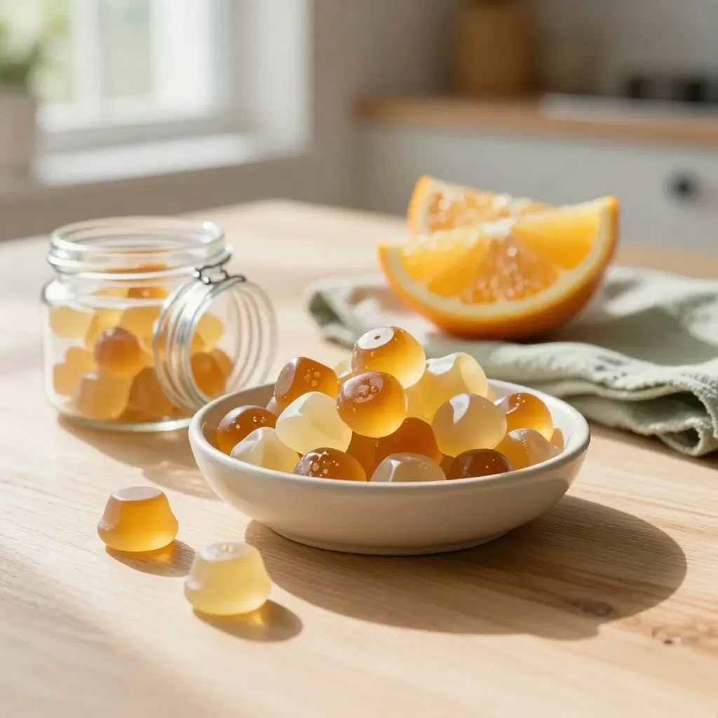 Sunlit wooden table with gummy supplements, bowl, citrus blur, and calm copy space.