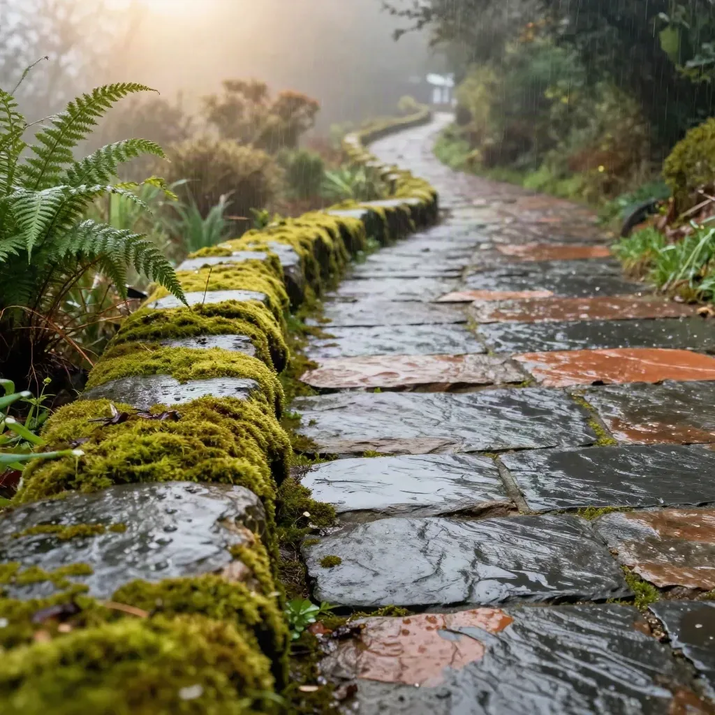 Mossy stone terrace and damp greenery under hazy overcast light