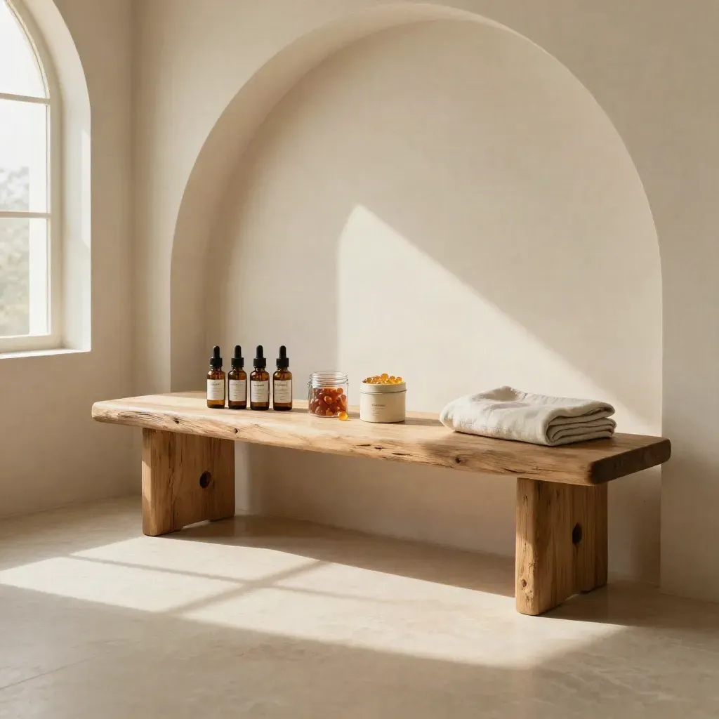 Sunlit plaster-arch wellness interior with wooden bench and small CBD starter kit in the upper third.