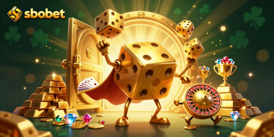 SBOBet showcases thrilling gaming action with dynamic dice characters amidst treasures and jewels
