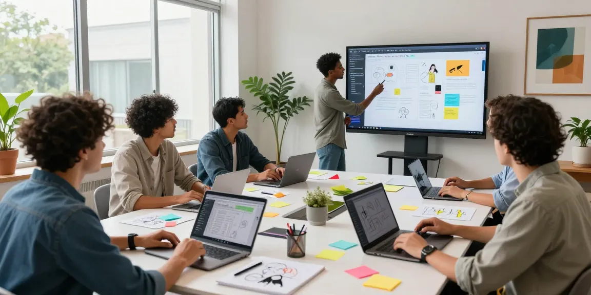 Collaboration in a modern workspace using mixboard ai for brainstorming and creative development.
