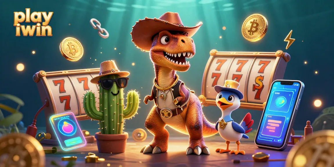 Play iwin with a vibrant 3D scene featuring slot machines, crypto coins, and cheerful characters.