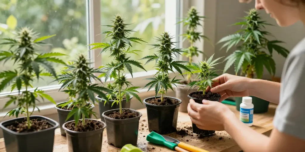 Engaging scene of growing THC autoflower seeds in a bright indoor garden with vibrant plants.