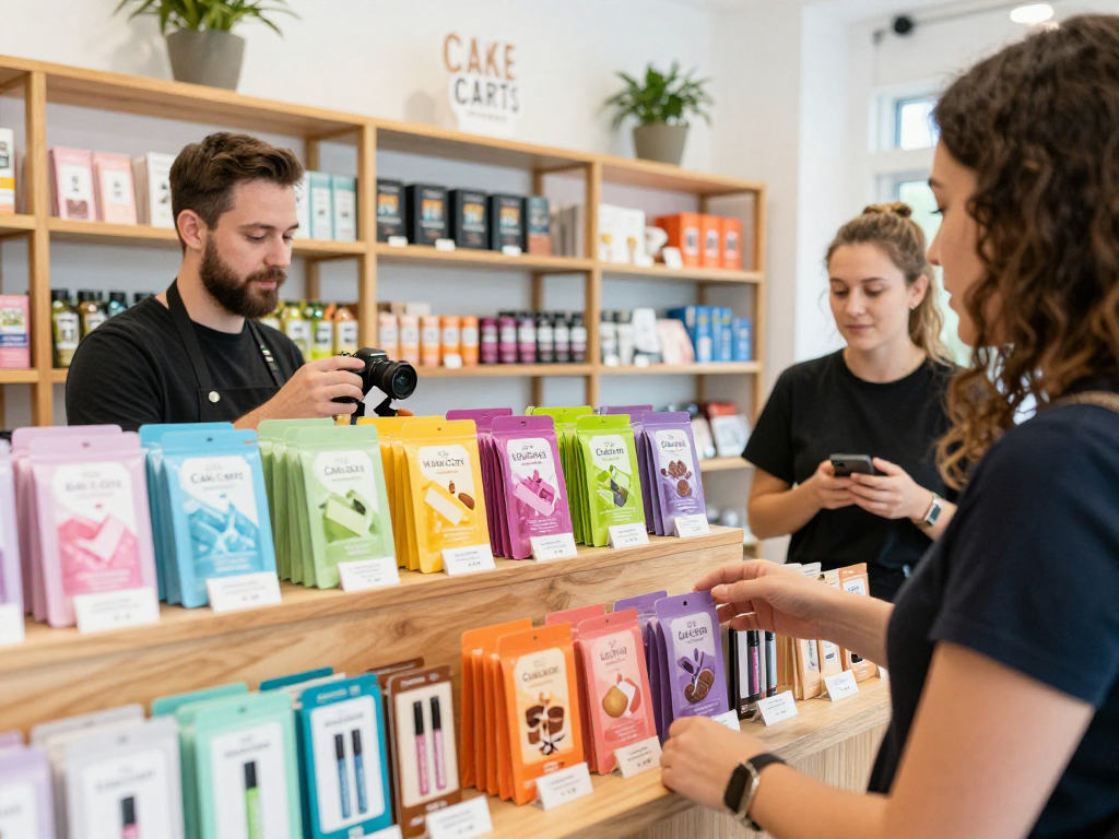 Cakes cart flavors displayed in a dispensary, highlighting unique packaging and offerings.