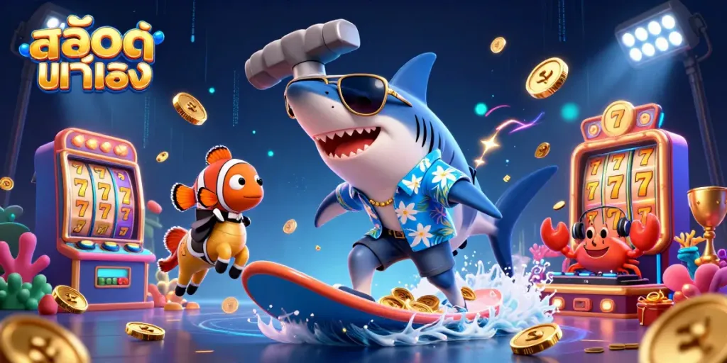 Engage with exciting สล็อตแท้ตรง action featuring a cartoon shark, clownfish, and DJ crab in a dynamic gold-themed scene.