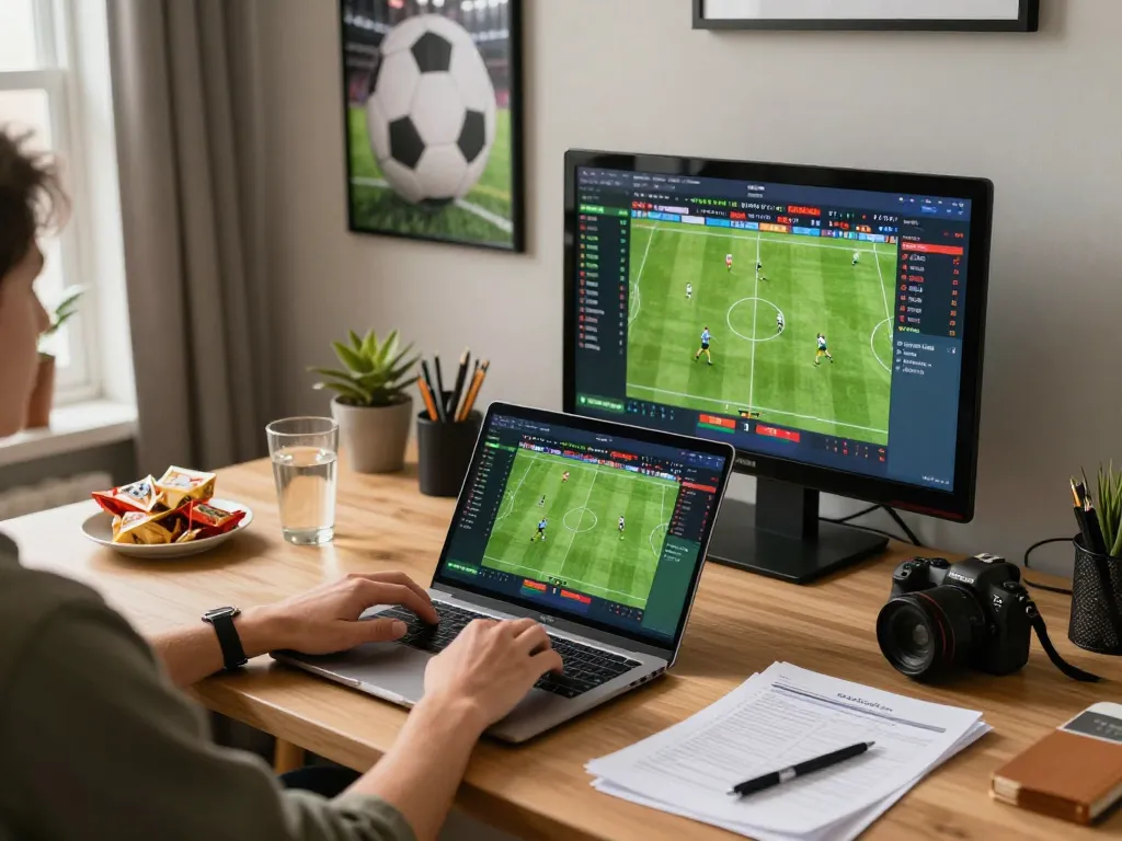 Tỷ lệ kèo nhà cái hôm nay in action as a player places bets on soccer matches using a laptop at home.