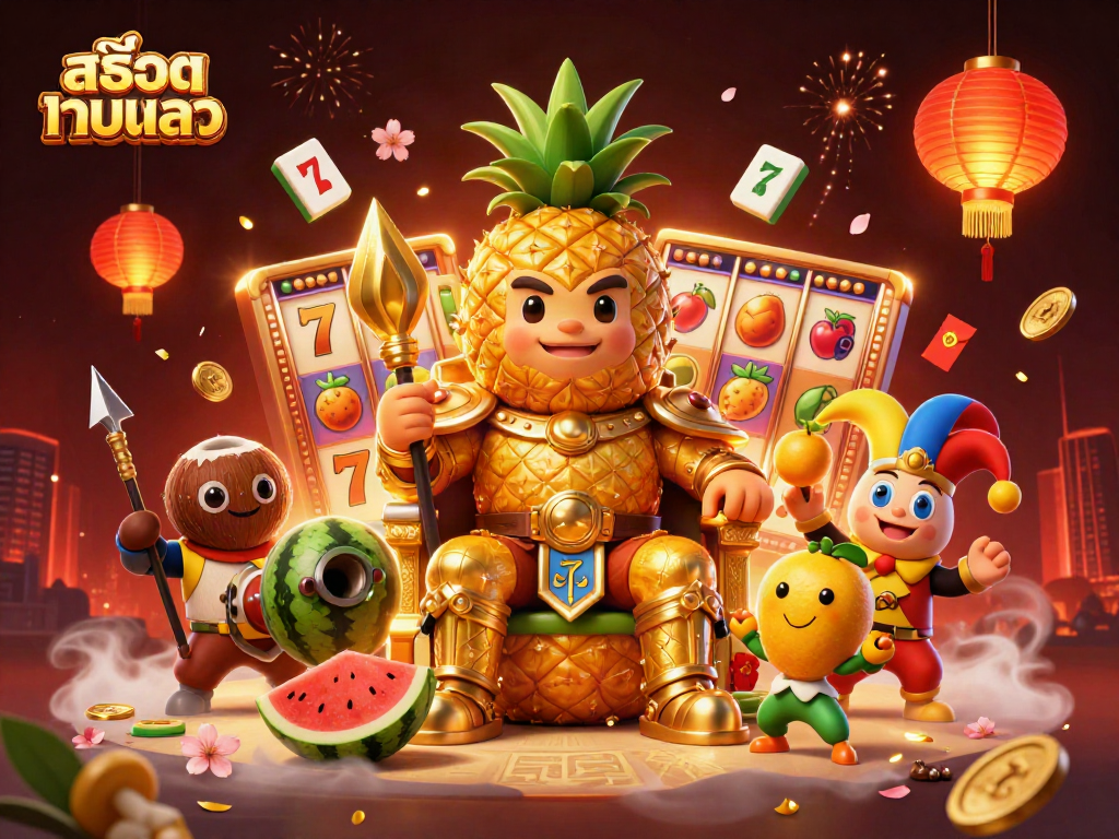 Play สล็อตเว็บตรง with vibrant slot reels and a lively beach casino atmosphere full of excitement.