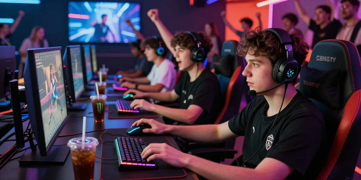Exciting gaming scene with players immersed in rokok88 tournaments, showcasing gear and esports energy.