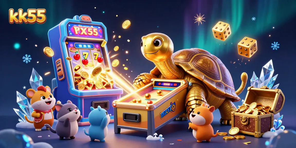 Experience thrilling gaming action at KK55 with a golden tortoise-themed pinball machine and vibrant slot excitement.