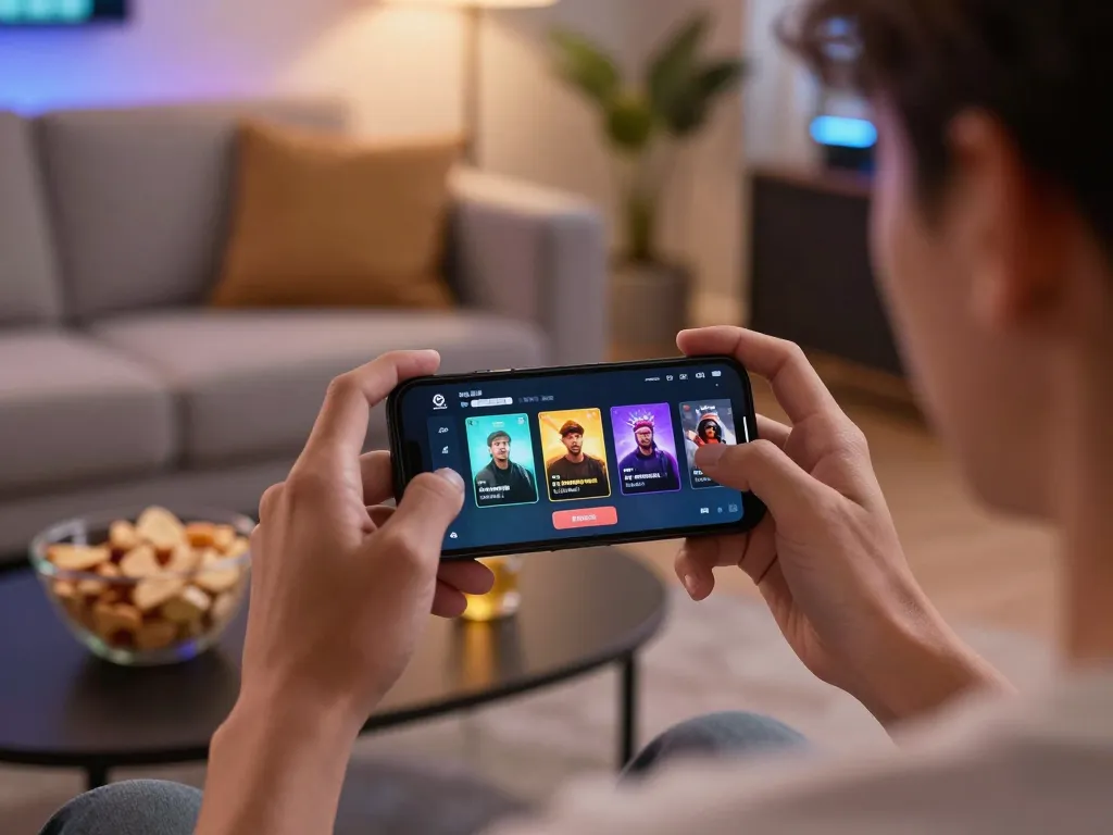 Engaging in nsfw games mod on smartphone in cozy home environment, showcasing gameplay interaction.