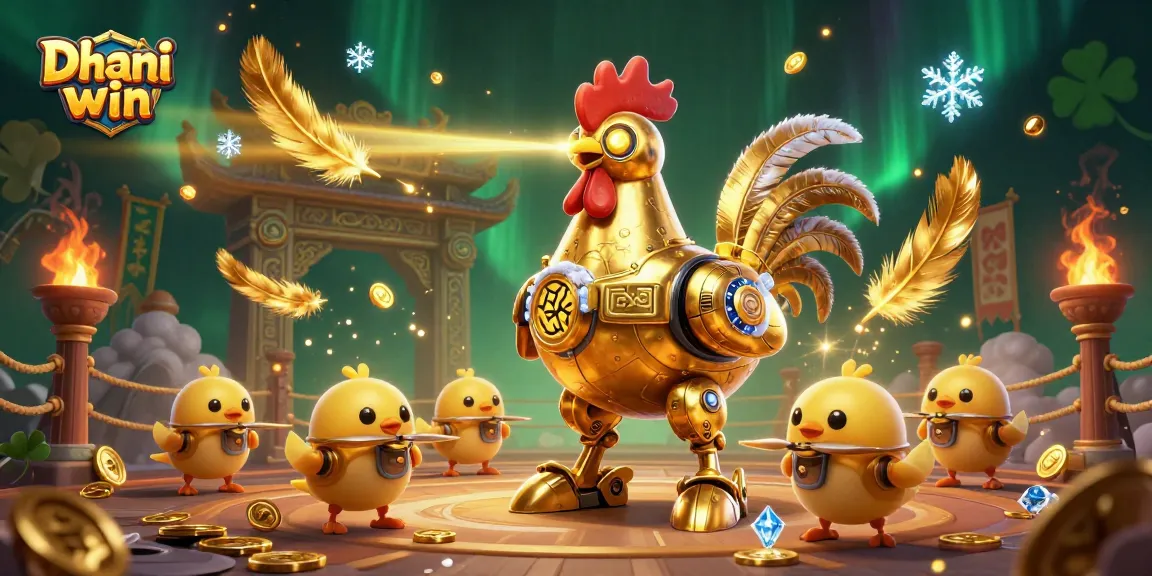 Engage with thrilling games on Dhani Win, where the futuristic golden rooster robot commands the action!