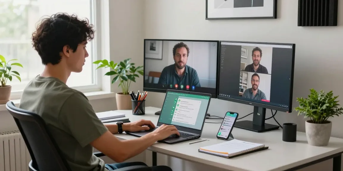 Person using WhatsApp電腦版 on laptop in modern home office during daytime.