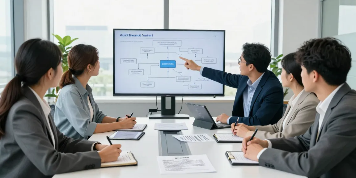 Professionals collaborating on asset tracing strategies in a modern office environment.