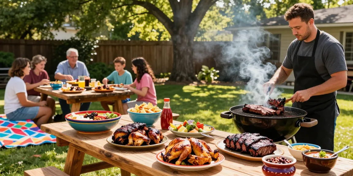 Delicious smoked meats from https://moessmokeshopct.com enjoyed at a summer BBQ in a vibrant backyard setting.