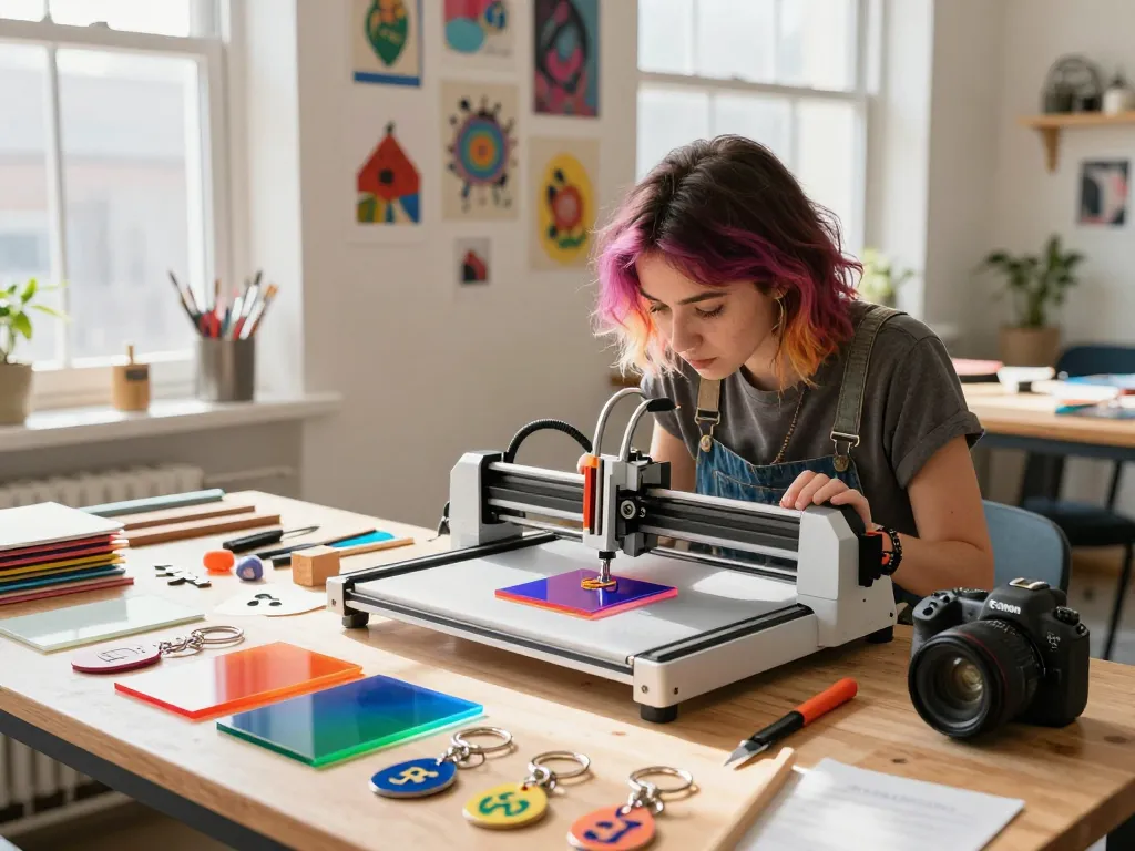 Creating personalized keychains in a bright, colorful artisan workshop with vibrant materials and designer tools.