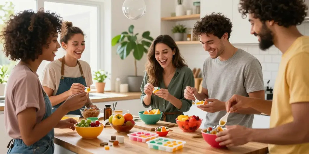 Friends laughing while preparing Activist Edibles infused treats in a bright kitchen.