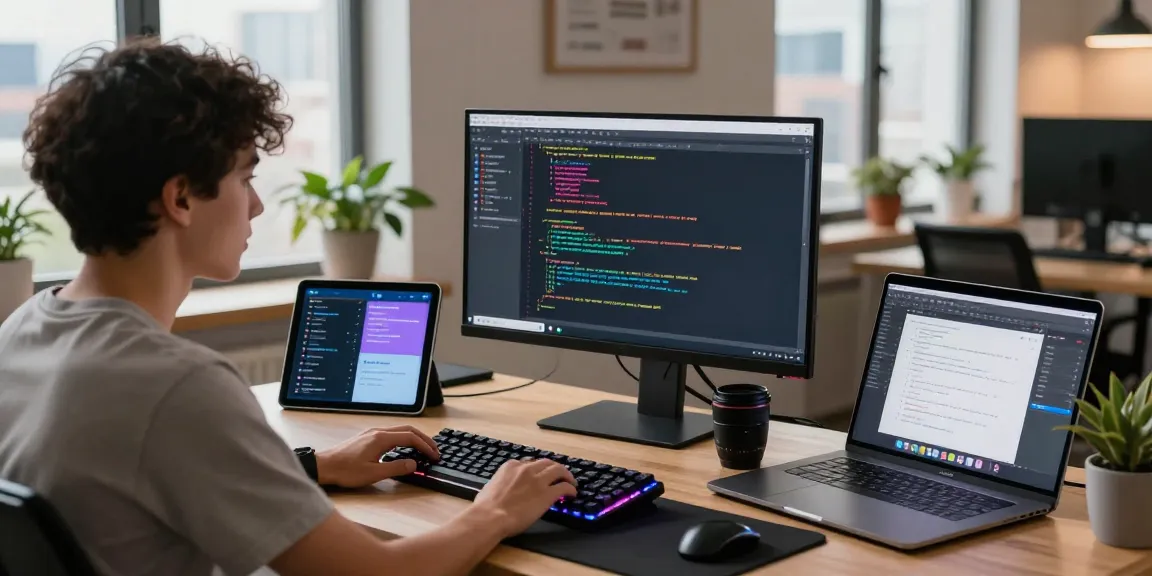 Digital workspace showcasing coding activities related to telegram官网 with a programmer and tech gadgets.