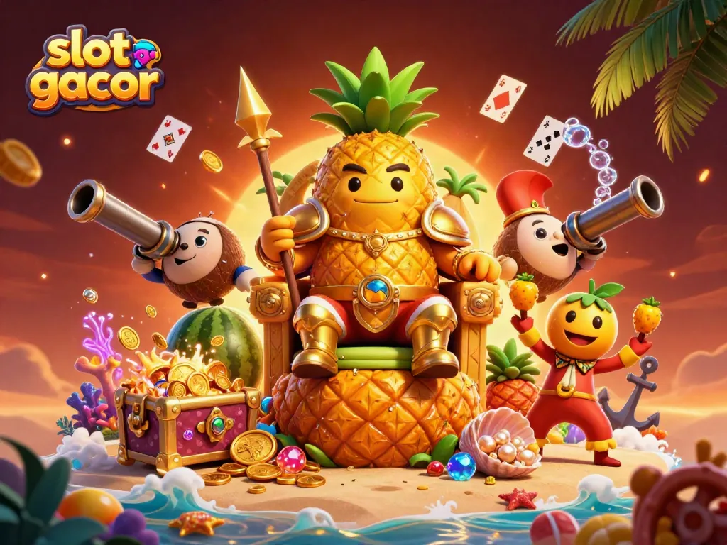 Slot gacor di ilustrasi 3D dengan karakter unik dan elemen permainan kasino yang menarik.