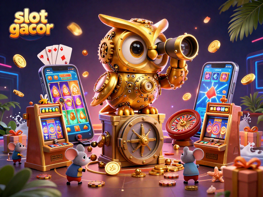Spin to win with slot gacor as the golden owl oversees a lavish casino scene.
